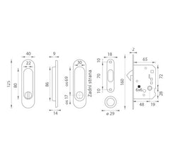 Ft - ovale Schiebetür Set - WC - Muscheln und Griffe für Schiebetüren