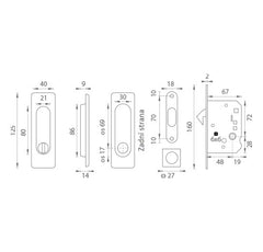 Ft - quadratisches Schiebetür Set - WC - Muscheln und Griffe für Schiebetüren