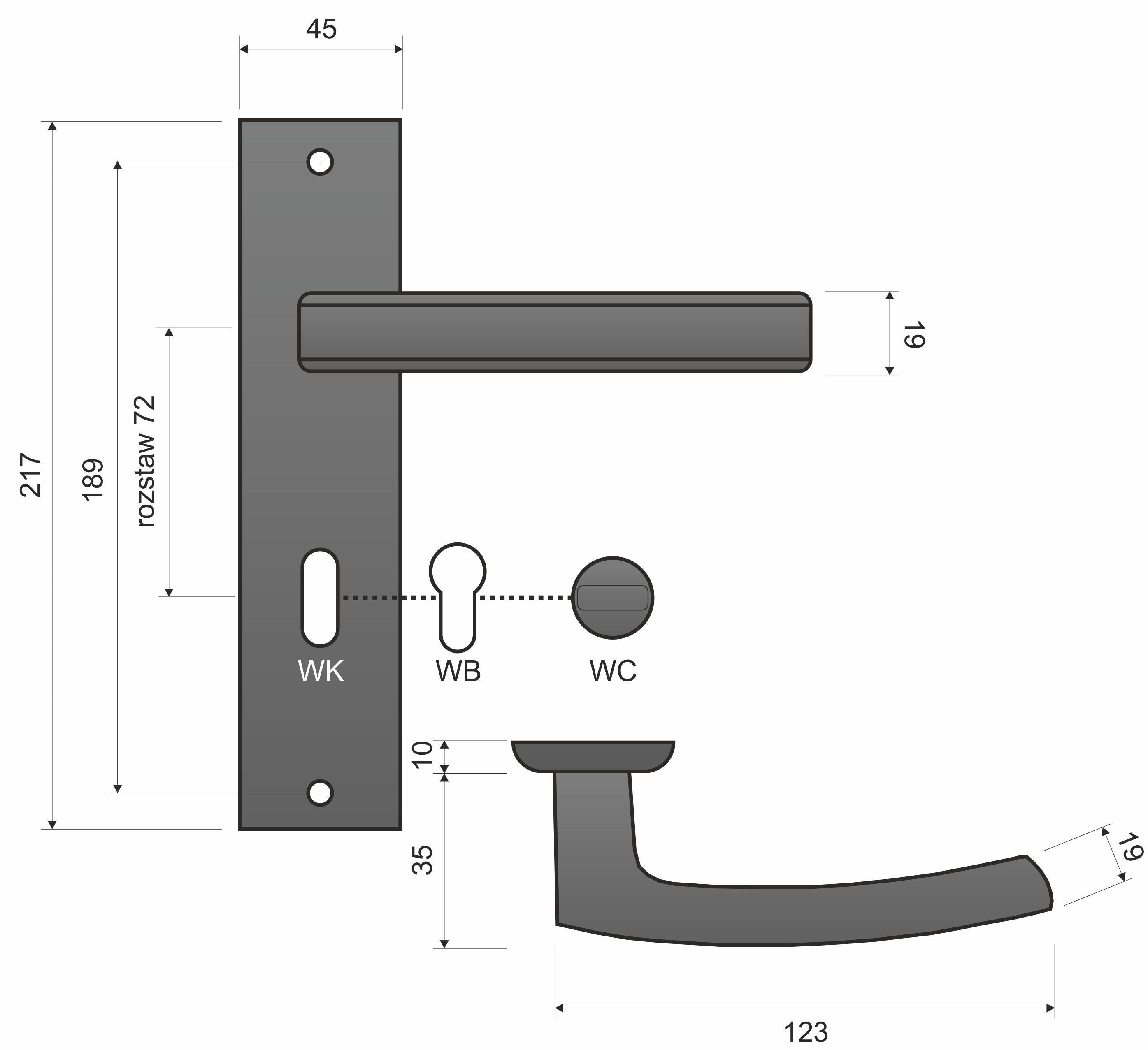 Hermes KHR K+K 311 Satin, pitch 72mm, External Door Handle on a Backplate