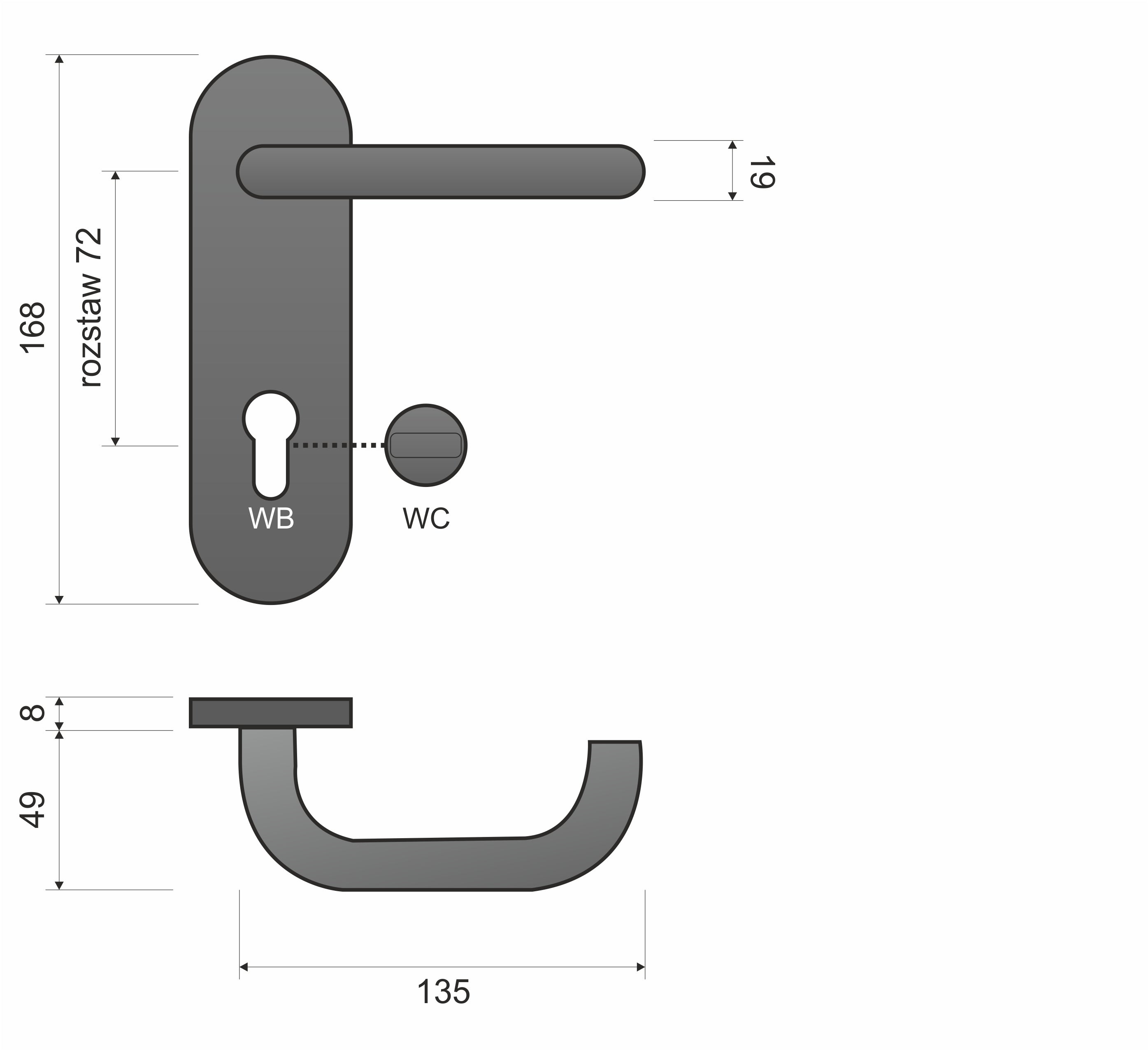 Ultra KUL 512 PZ - pitch 72mm - Door Handle on a Backplate made of Stainless Steel