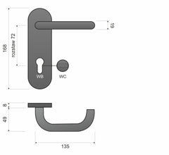 Ultra KUL 512 PZ - pitch 72mm - Door Handle on a Backplate made of Stainless Steel